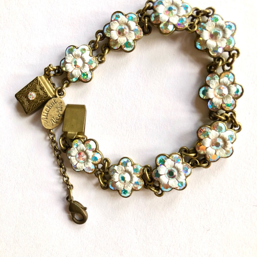 Michal Negrin Collector’s White and Gold AB Crystal Floral Bracelet Y2K